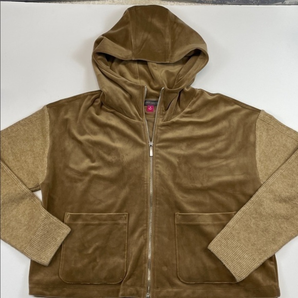 Vince Camuto Tan Knit Sleeve Velour Full Zip Hoodie Womens Size M